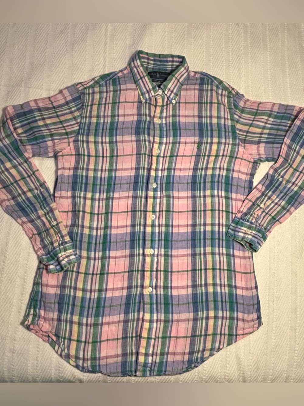 Ralph Lauren Linen Men’s Shirt Size Medium Spring Summer Pink Plaid Preppy